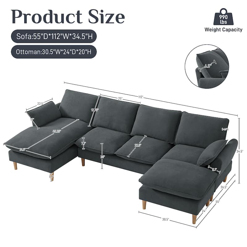 Modern U-Shaped Sectional Sofa Couch with Ottoman Chaise for Living Room