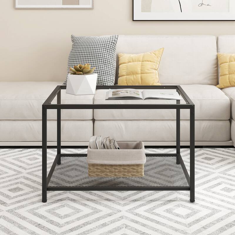 Costway Glass Coffee Table 27.5 Inch 2-Tier Square with Mesh Shelf - See Ddetails