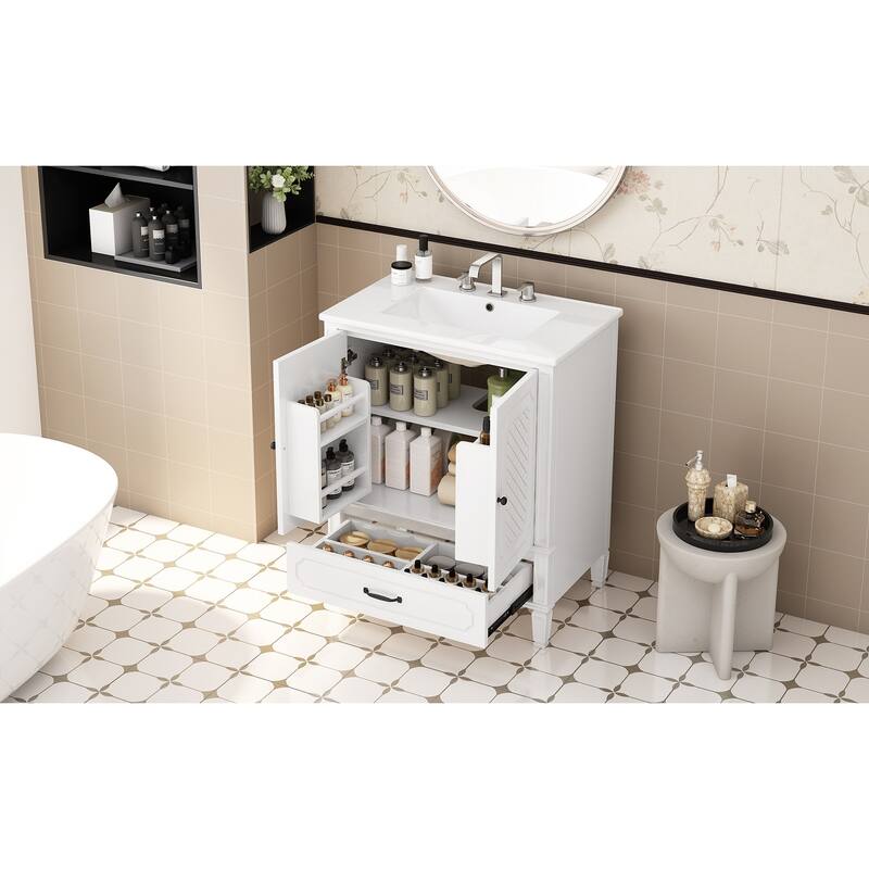 Bathroom Vanity with Ceramic Sink, Bathroom Cabinet with Door Shelf and Soft-Closing Doors, Vanity Set with Adjustable Shelf