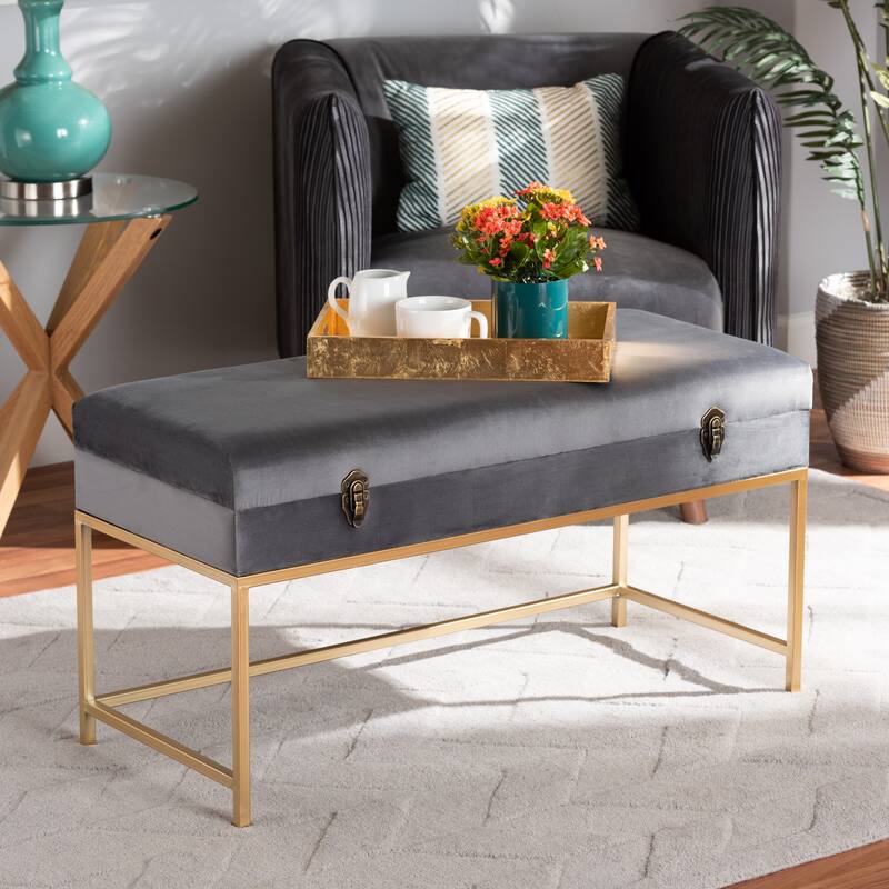 Aliana Glam and Luxe Velvet and Gold Metal Large Storage Ottoman