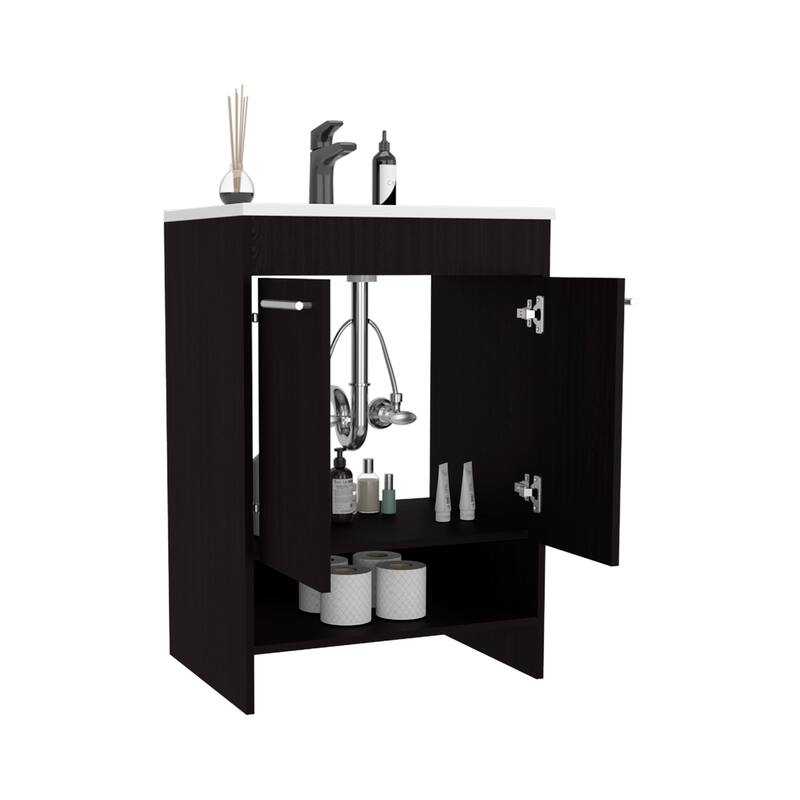 Lorenzo Floor Vanity With Four Drawers And Two Open Shelves, Black