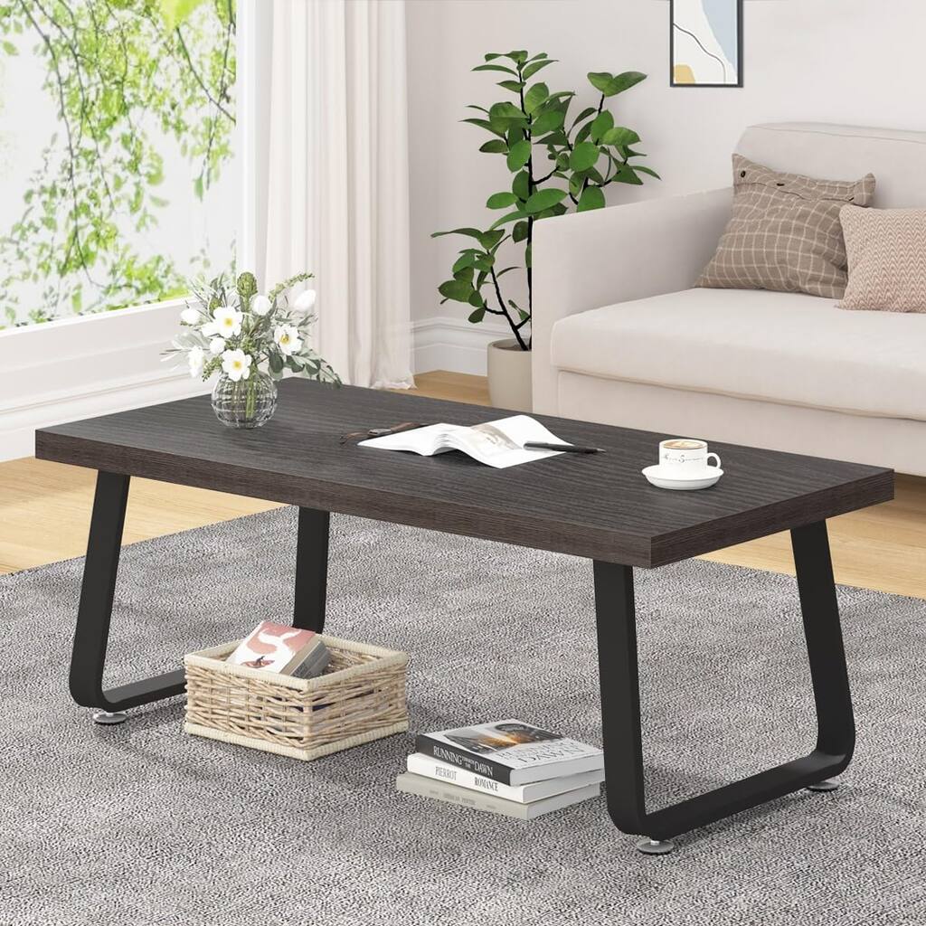 Coffee Table, Industrial Wooden Coffee Table for Living Room, Wood and Metal Legs Cocktail Table for Home, Dark Gray Oak 47 Inch