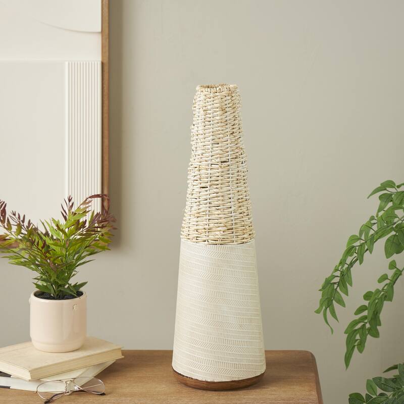 Rattan Geometric Handmade Woven Decorative Vase with Beige Metal Base - Light Brown - Roche River Decor