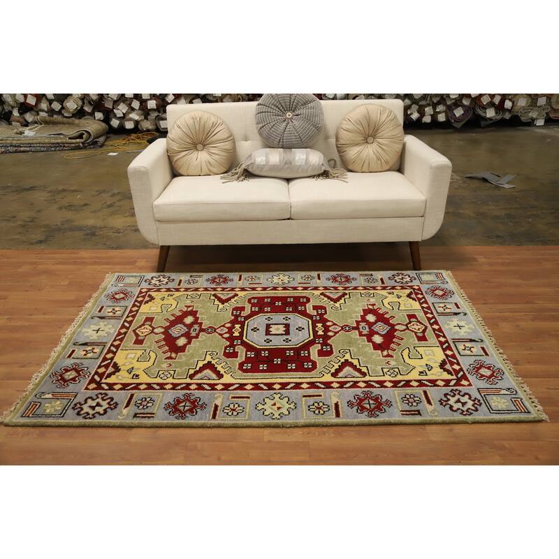 Hand Knotted Oriental 100% Wool Carpet Traditional Geometric Green Kazak Area Rug - 6' 0'' X 4' 0''