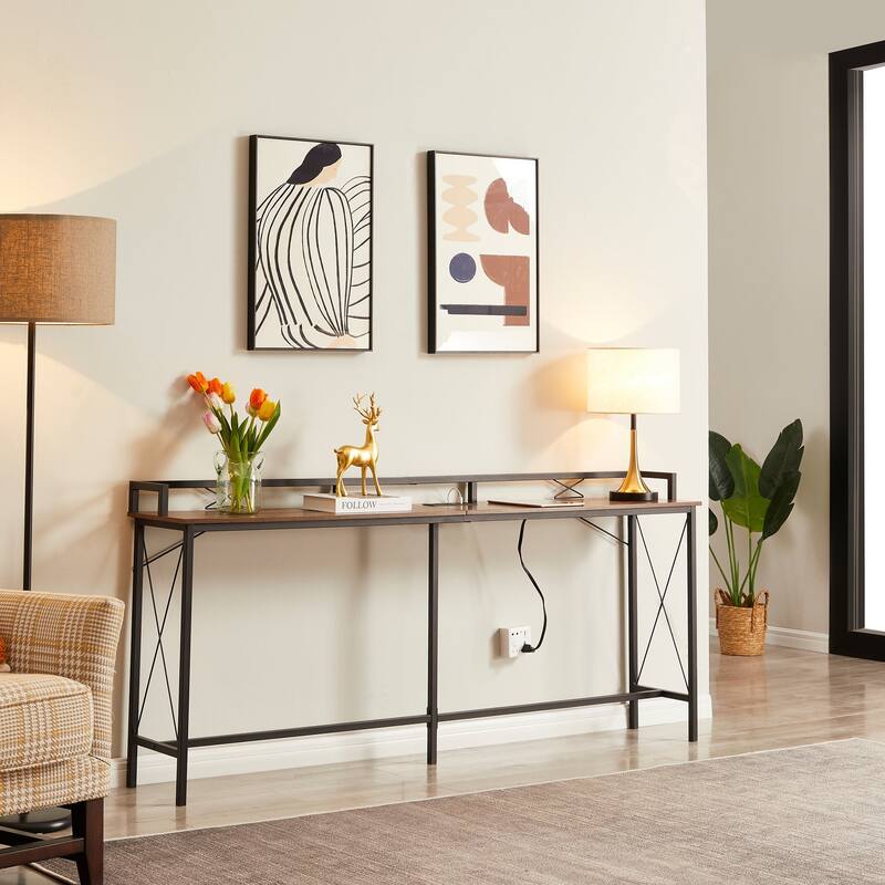 Javlergo Extra Long Console/Sofa Table with Charging Station & Power Outlet - 71''L - Brown