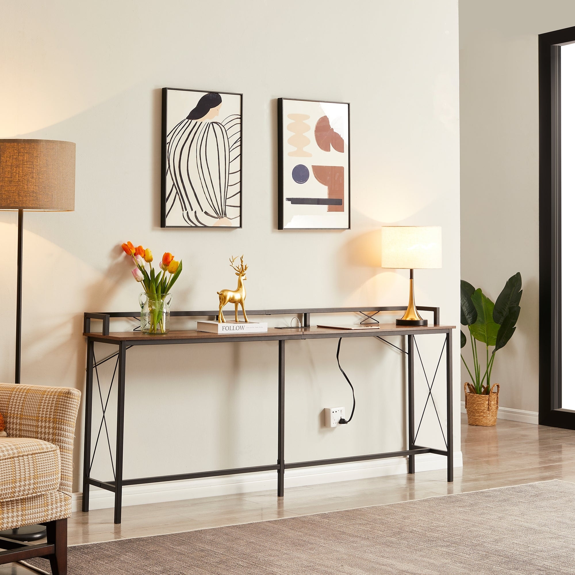 Javlergo Console Table with Charging Station Industrial USB Ports Outlets, Entryway Sofa Table Behind Couch for Living Room