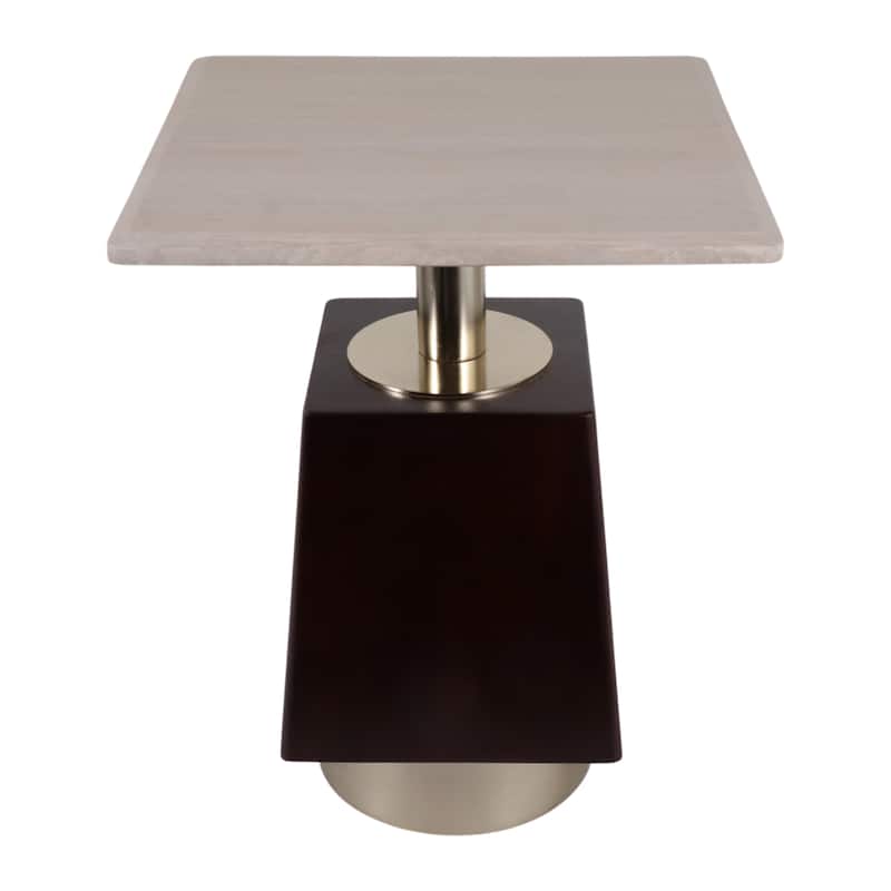 Geometric Wood and Marble Side Table - 21", Brown & Ivory - 20.75"