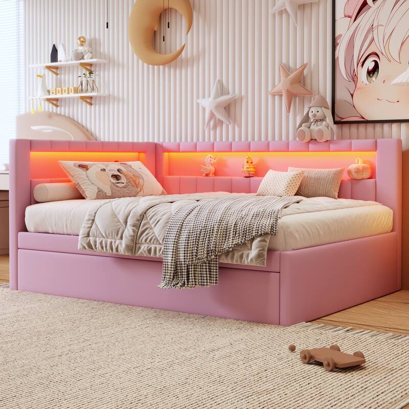L-Shaped Daybed Linen Upholstered Corner Sofa Bed Built-in USB Ports and LED Belt Platform Bed with Optional Trundle or 2 Drawer