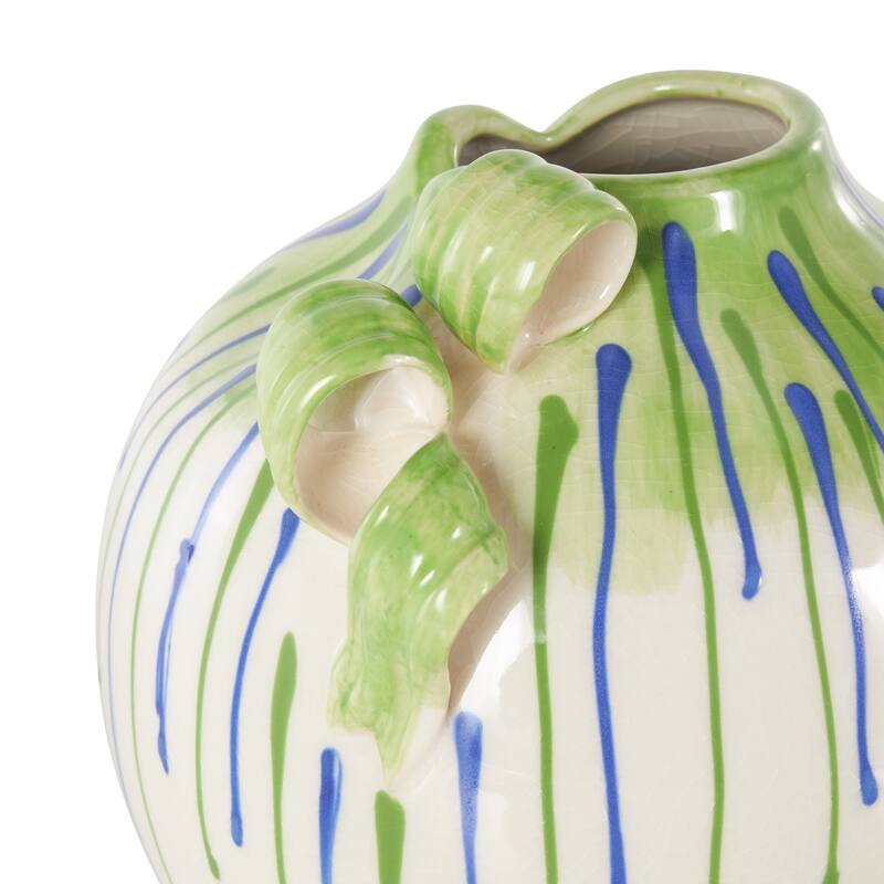 White Ceramic Abstract Decorative Vase with Green and Blue Drip Design and Handle