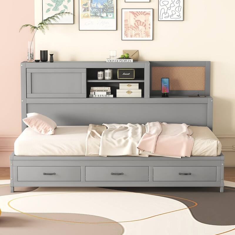 Twin Size Wooden Daybed with 3 Storage Drawers - Grey