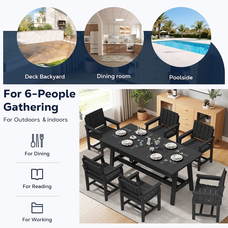 7-Piece HDPE Outdoor & Indoor Dining Set, Rectangular 67.91in W Table with Umbrella Hole and 6 Chairs Set of 7, Wood-Look Finish