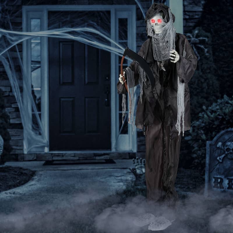 Black Metal Fabric Animated Grim Reaper Halloween Decoration 8.5ft