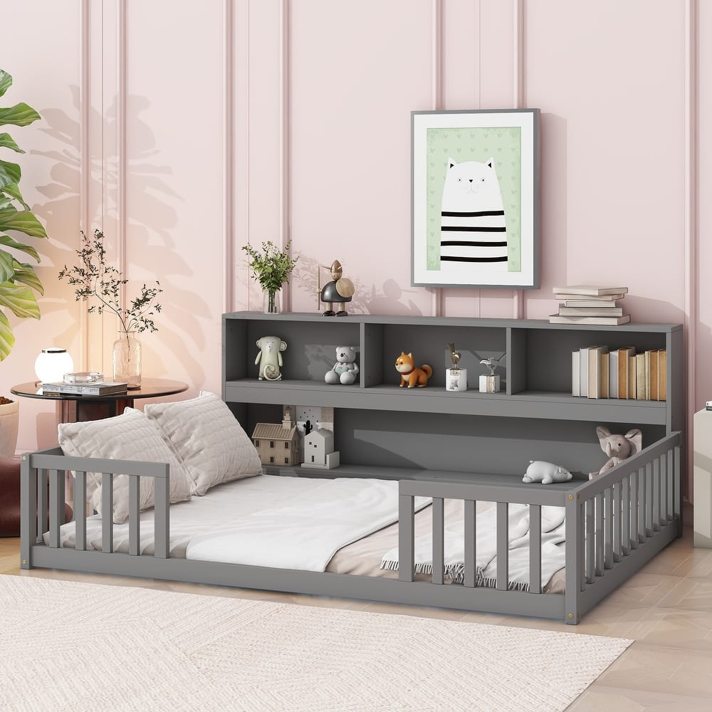 Versatile Twin/Full Size Floor Bed Frame without Slats, Solid Pine Toddler Floor Bed with Bedside Bookcase and Fence