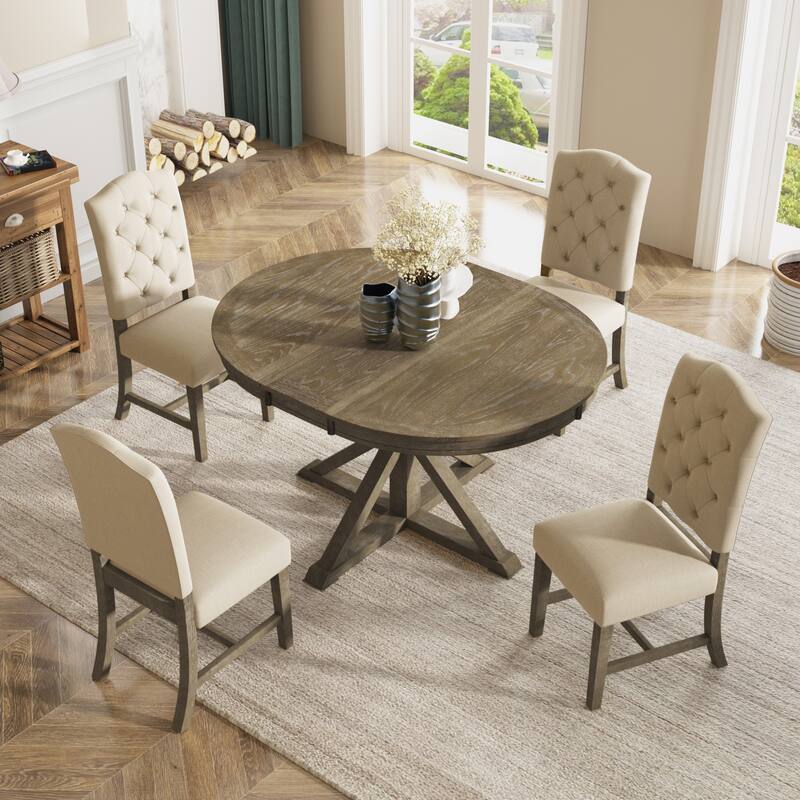 X-Cross Leg Round Dining Table Set Wooden Extendable End Table with 4 Upholstered Chairs for Dining Room & Living Room Bistro - Natural Wood Wash