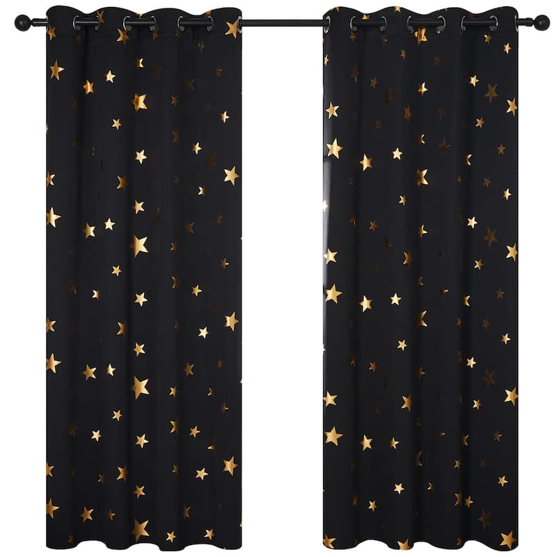 Gold Star Foil Room Darkening Curtains for Kids 2 Panels