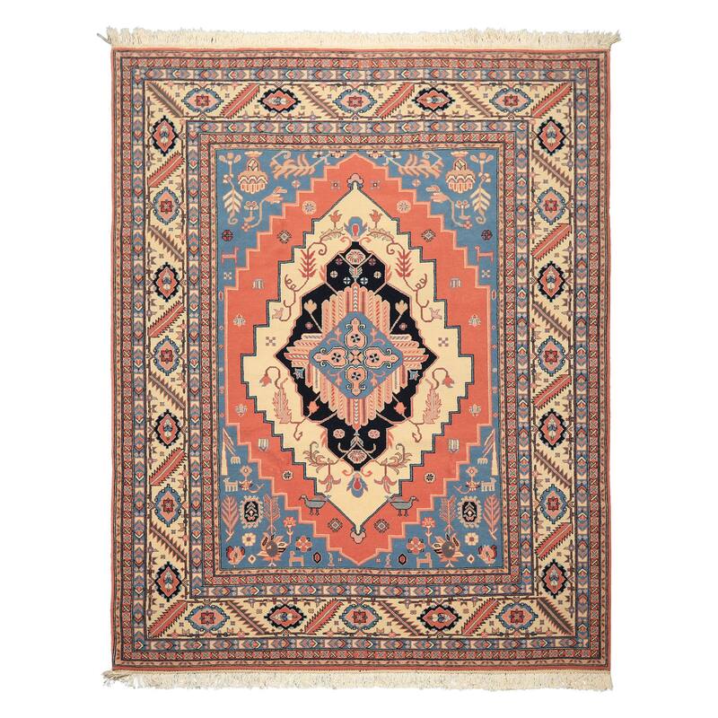 7'11''x10 Hand Knotted Wool Salmon Heriz Traditional Medallion Area Rug - 7' 11'' x 10'