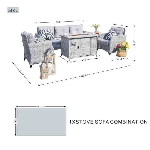 dimension image slide 1 of 2, 5-piece Patio Conversation Set Sofa Set with Fire Pit Table