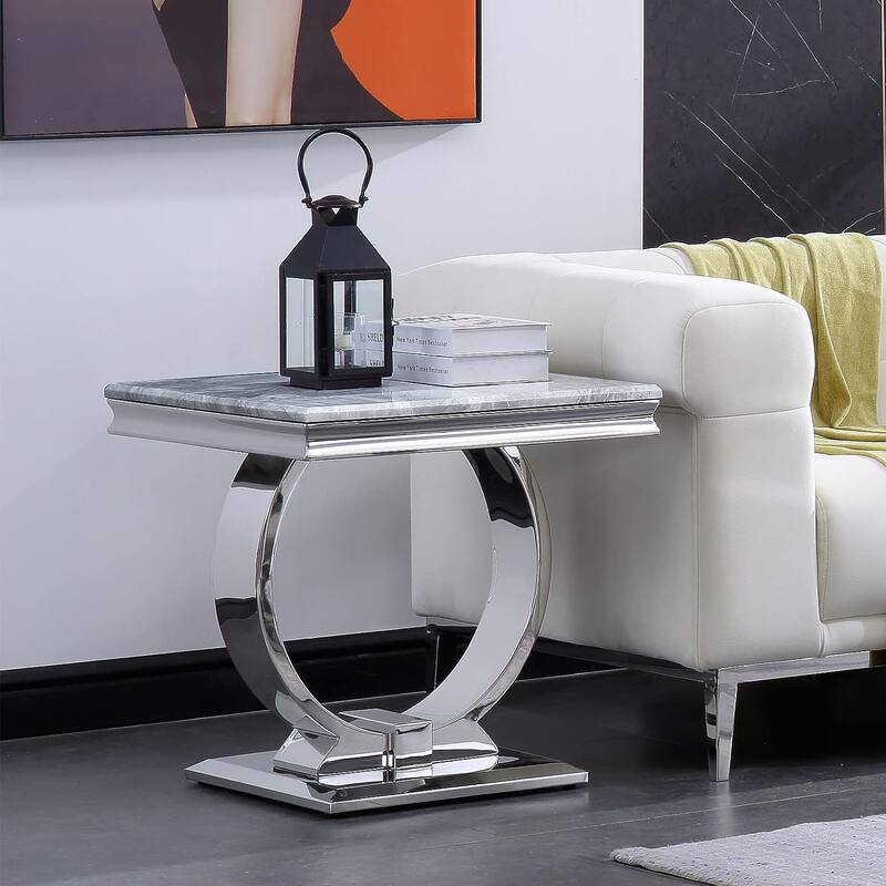 Modern metal End Table with Square Gloss Top and with metal U-shaped base - Silver
