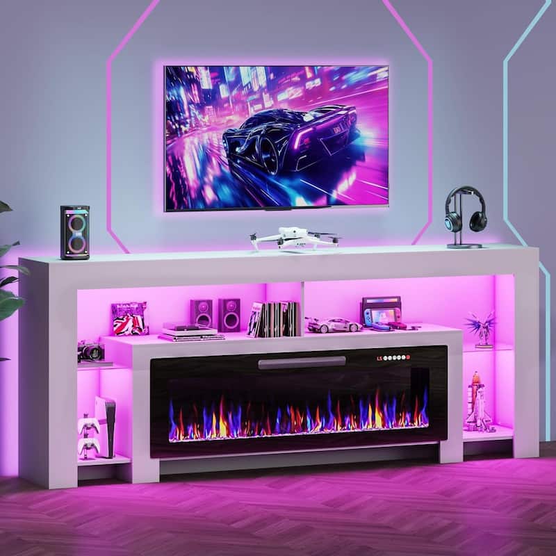 BOSSIN 82" Fireplace TV Stand with 50" Fireplace, Entertainment Center for TVs Up to 90", Console Cabinet With LED Light - White