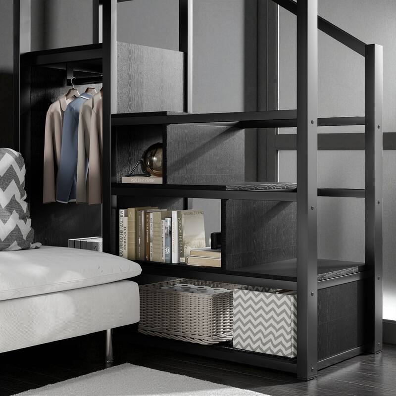 Full/Queen Size Metal Loft Bed with Stairs, Wardrobe, and Storage Shelves, High Loft Bed Frame for Kids and Teens