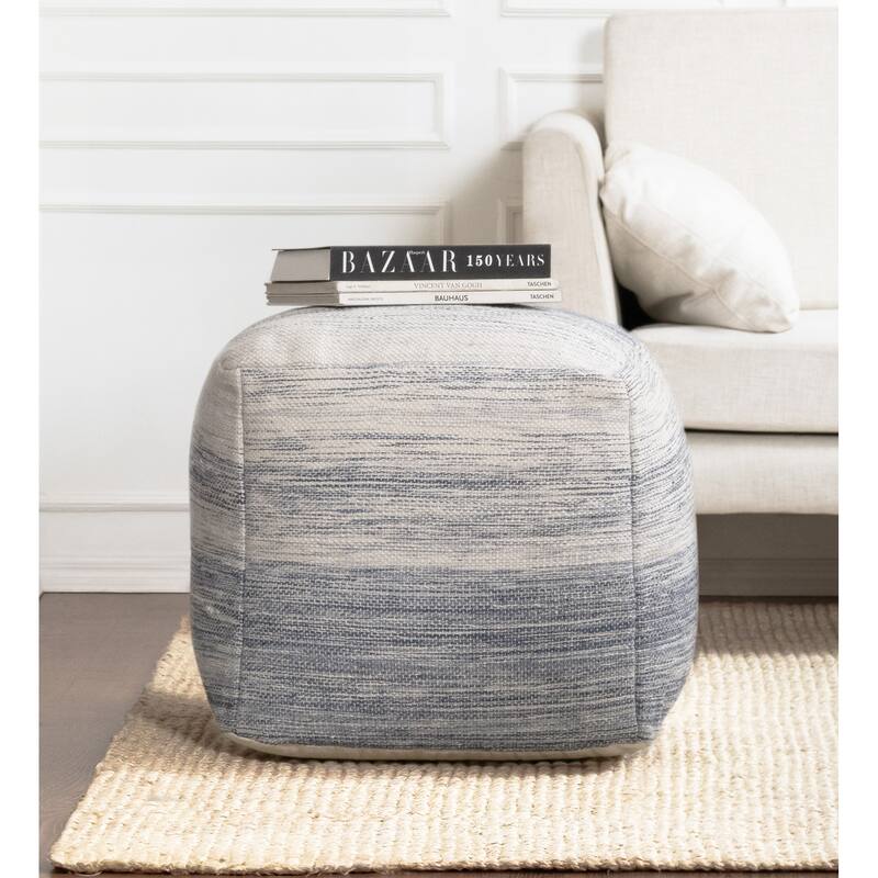 Jani Bar Harbor Blue & Ivory Square Pouf Ottoman - Handmade Footrest for Living Room, Bedroom, Patio - Blue/Ivory - Large