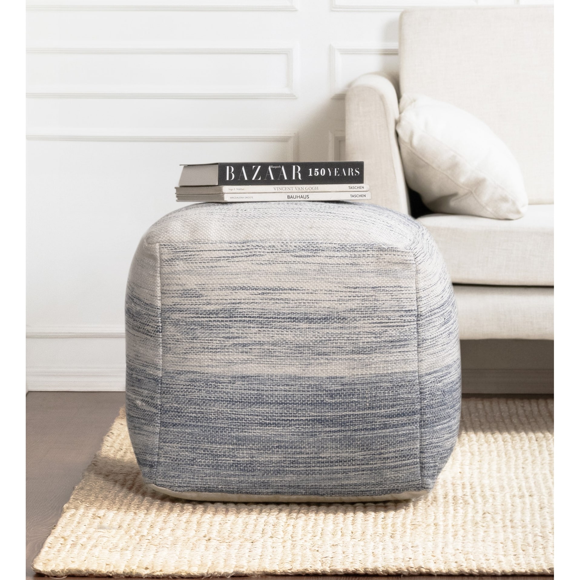 Jani Bar Harbor Blue & Ivory Square Pouf Ottoman - Handmade Footrest for Living Room, Bedroom, Patio