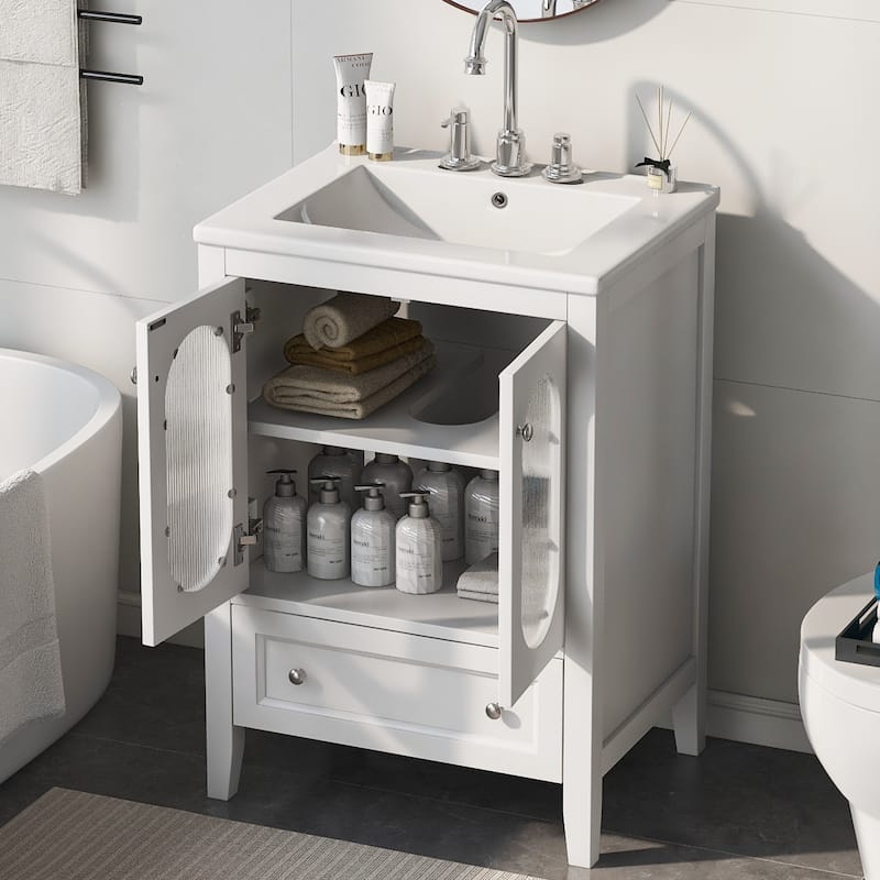 Bathroom Vanity with Sink, Vanity Set with 1 Drawer and 2 Glass Doors, Bathroom Storage Cabinet with Adjustable Shelf