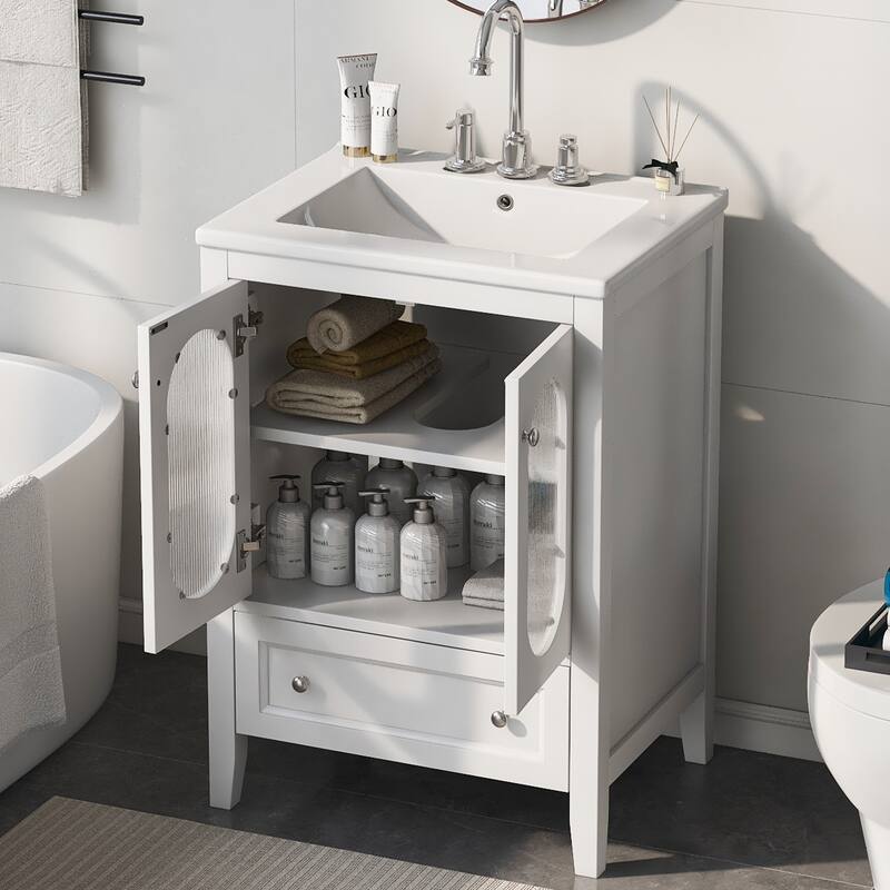 Roomfitters 24" Bathroom Vanity with Sink Cabinet with 1 Drawer Doors Adjustable Shelf Solid Wood and MDF, White