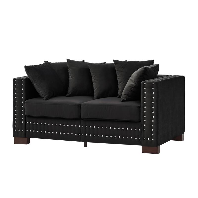 Velvet Loveseat Sofa Deep Seat Storage Couch with Pillows and Square Armrests with Silver Nails Decoration for Living Room