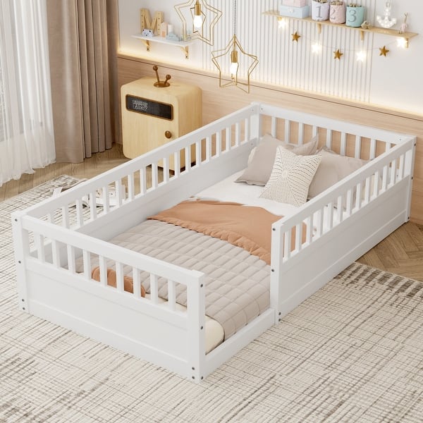 slide 2 of 12, White Twin Size Pine Floor Bed Frame with Fence Twin - White