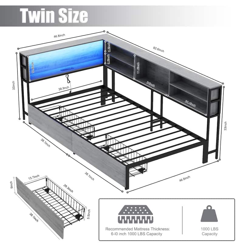 Kids Corner Bed with Storage, Twin/Full Daybed with Drawers, Bookcase Headboard with Charging Station & LED Lights