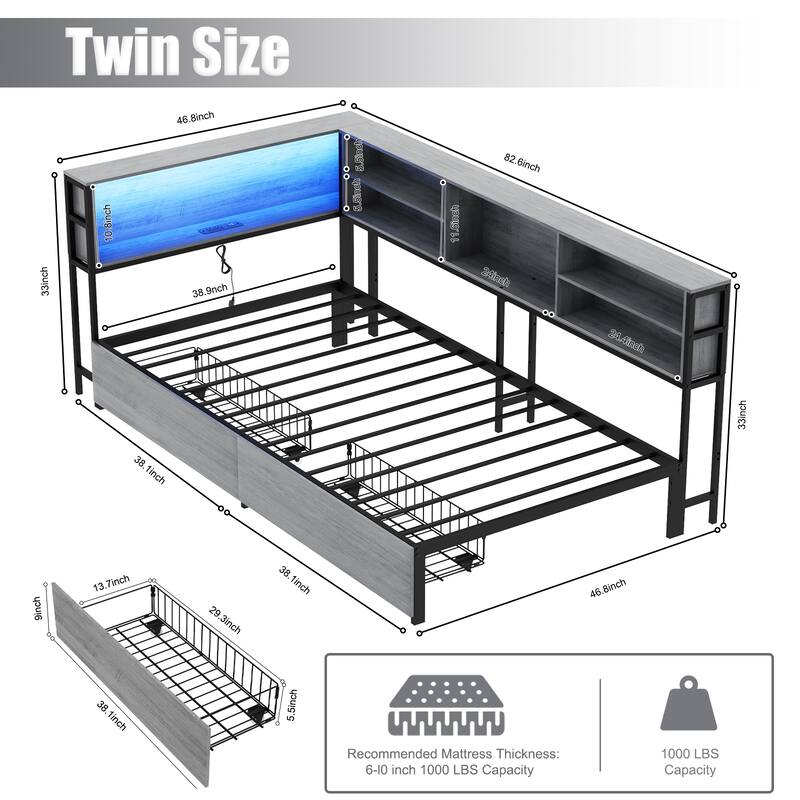 Twin Corner Daybed with Storage Drawers, Bookcase Headboard, LED Lighting & USB Charging Station
