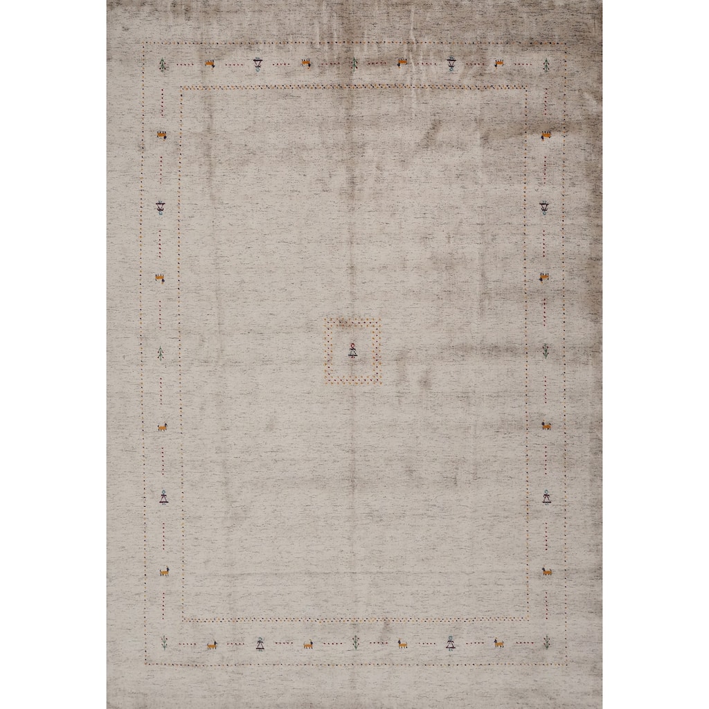 Hand Knotted Oriental 100% Wool Carpet Tribal Animal Pictorial Beige & Ivories Gabbeh Area Rug - 11' 10'' X 9' 0''