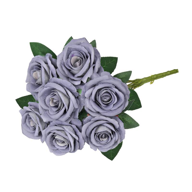 Set of 2 Grey Blue Artificial Velvet Rose Flower Stem Bush Bouquet 16in - 16" L x 11" W x 11" DP