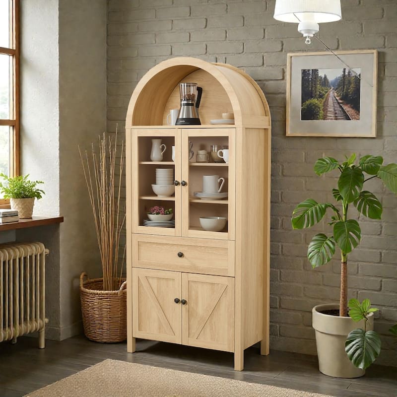 Vintage Dome Cabinet with Arched Design, Large Storage Display Cabinet with Adjustable Shelves for Living Room
