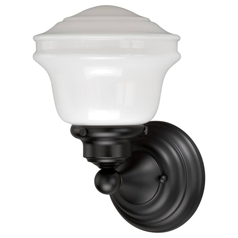 Huntley 1 Light Bronze Farmhouse Schoolhouse Bathroom Wall Fixture - 6.75-in W x 10.5-in H x 6.75-in D - Oil Rubbed Bronze - 6.75-in W x 10.5-in H x 6.75-in D