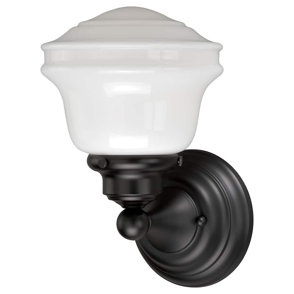 Huntley 1-Light 6.75 in. W Oil Rubbed Bronze Bathroom Vanity Lighting Fixture White Schoolhouse Glass Globe, Wall Mounted Sconce