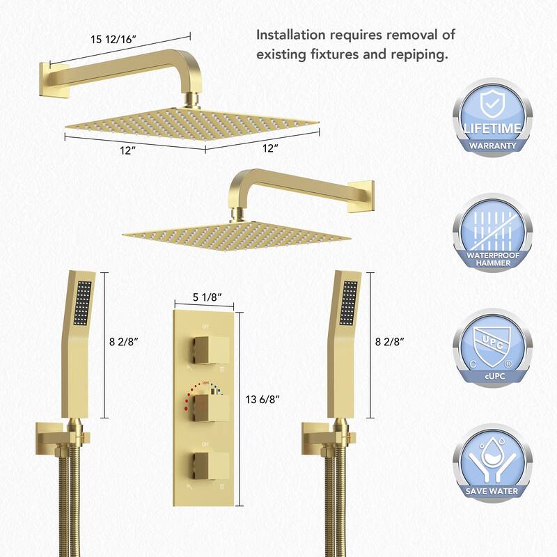 EVERSTEIN Dual Shower System 12" Rain Shower Head with High Pressure Handheld Sprays