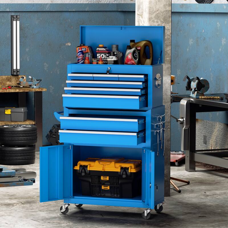 8-Drawer 2 in 1 Rolling Tool Chest Cabinet Garage Storage Toolbox with Detachable Top Tool Box and Universal Lockable Wheels - Blue