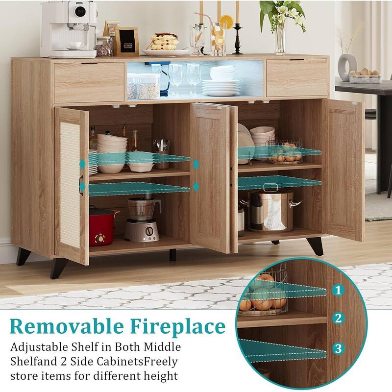 Sideboard Buffet Cabinet, 4 Rattan Doors 2 Drawers Accent Storage Cabinet