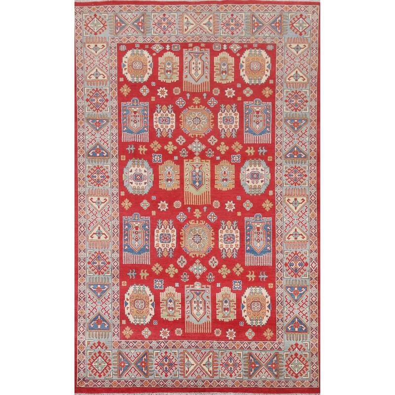 Hand Knotted Oriental 100% Wool Carpet Traditional Geometric Red Kazak Area Rug - 9' 8'' X 6' 4''