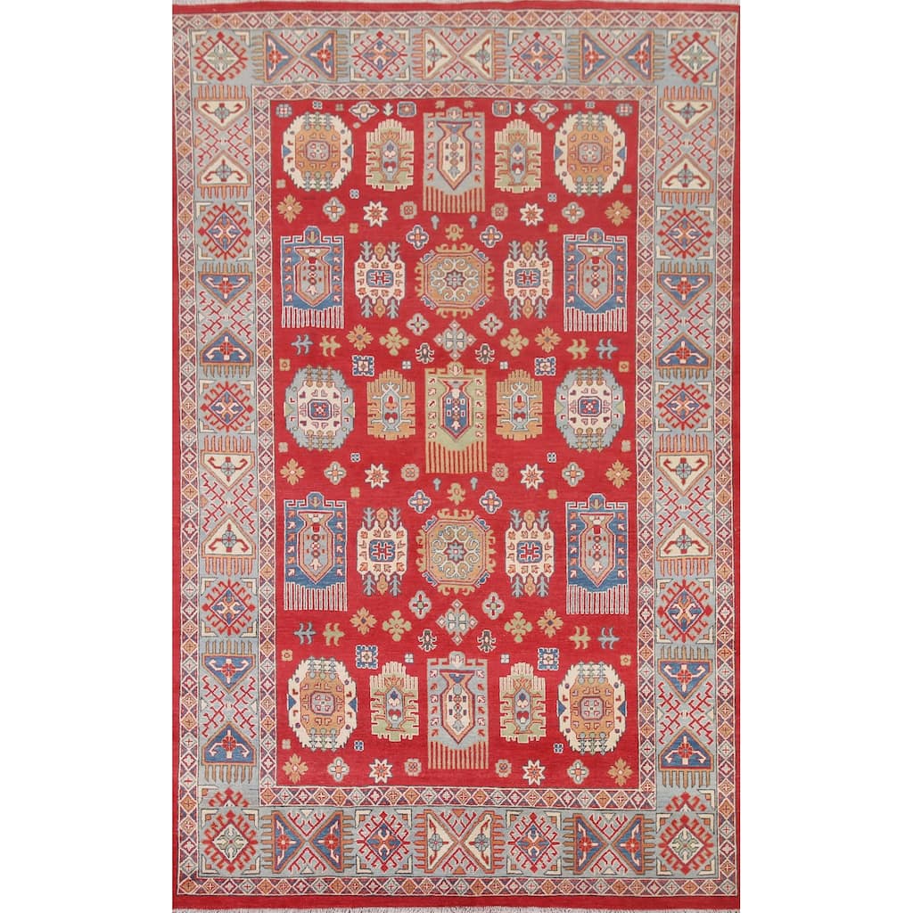 Hand Knotted Oriental 100% Wool Carpet Traditional Geometric Red Kazak Area Rug - 9' 8'' X 6' 4''