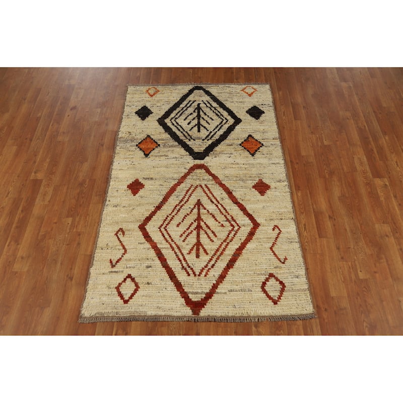 Moroccan Oriental Rug Handmade Beige Tribal Wool Carpet - 3'9" x 6'2"