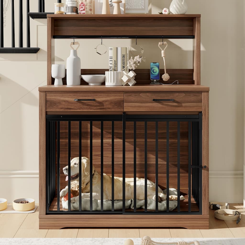 38" Dog Crate Furniture, Heavy Duty Dog Cage Table with 2 Storage Drawers and Shelves, Side End Table with Sliding Door