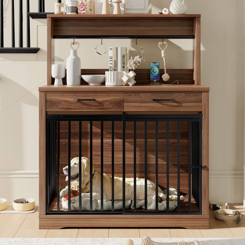 43.3" Dog Crate Furniture with 3 Drawers Indoor Wooden Dog Kennel, 2 Door Dog Cage End Table with Portable Feeder