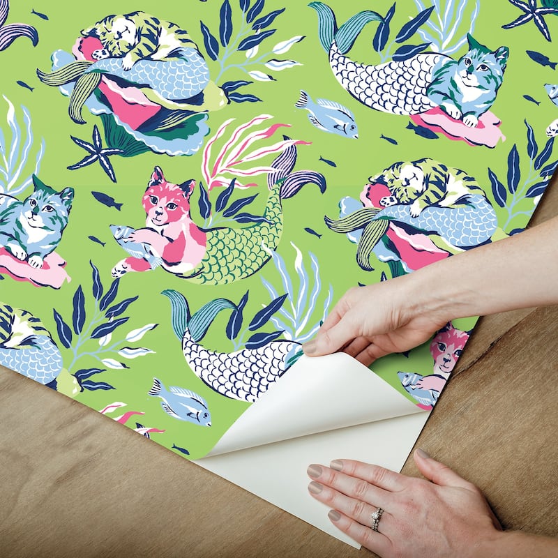 PrintFresh Meowing Mermaids Lime Green Peel and Stick Wallpaper