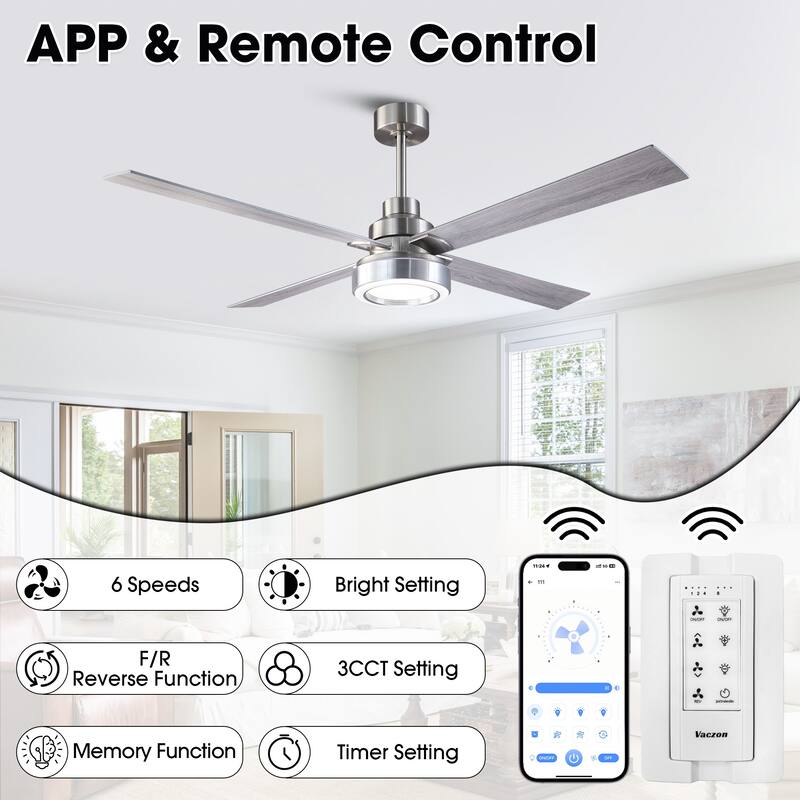 Vaczon 60" Modern Brushed Nickel Integrated LED Smart Ceiling Fan with Light and App