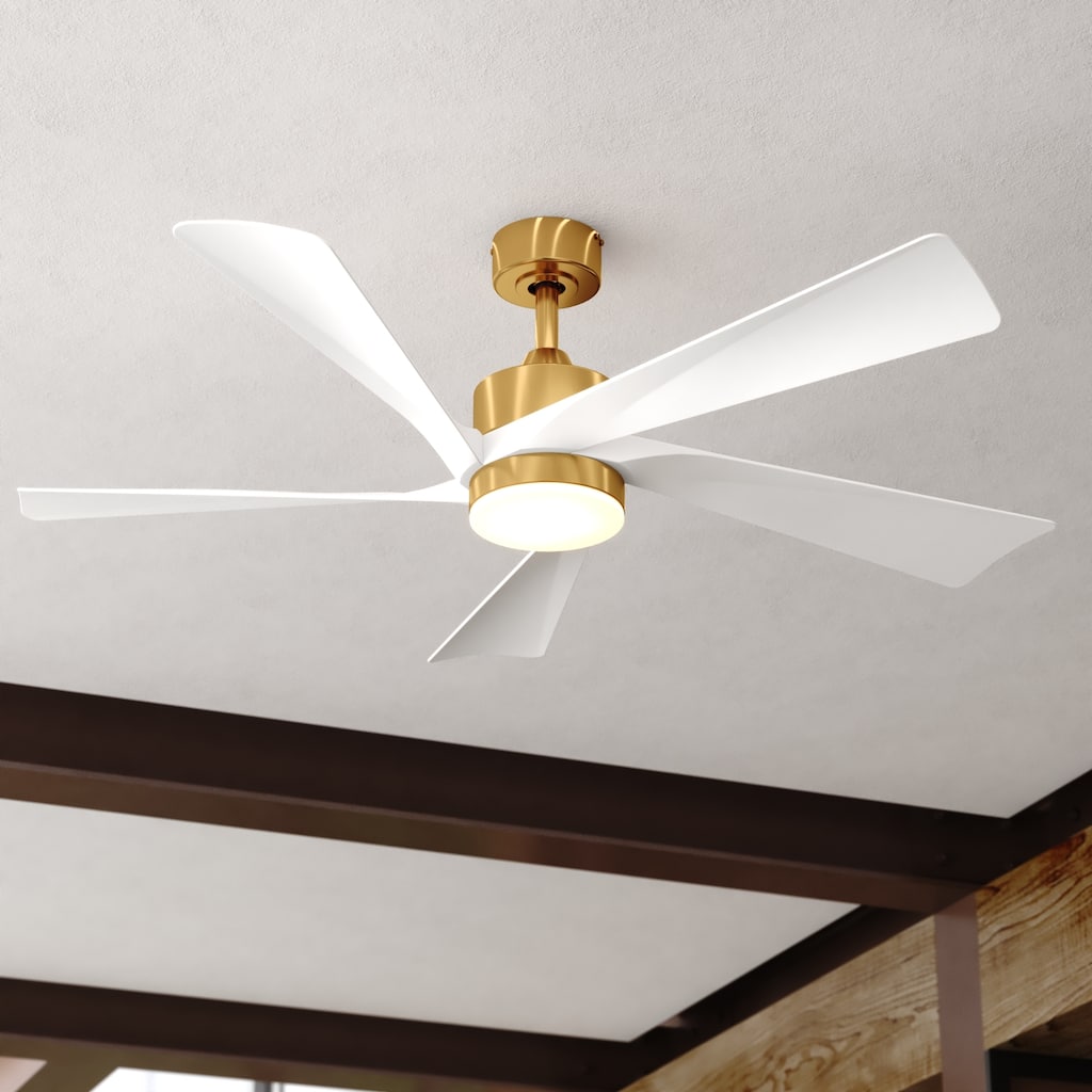 VAXCEL Redmond 52 in. Satin Brass Ceiling Fan, Matte White Blades, Integrated LED Light Kit, Remote Control, DC Motor