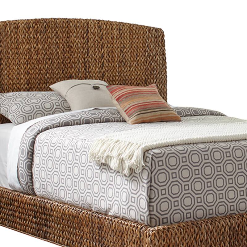 Hand Woven Banana Leaf Queen Size Bed with Chamfered Legs, Brown