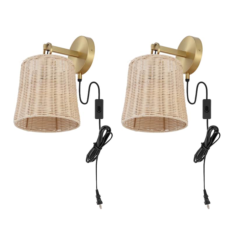 SAFAVIEH Lighting Ciaran Wall Sconce (Set of 2) - Brass/Natural Rattan - 8"W x 10"D x 13"H